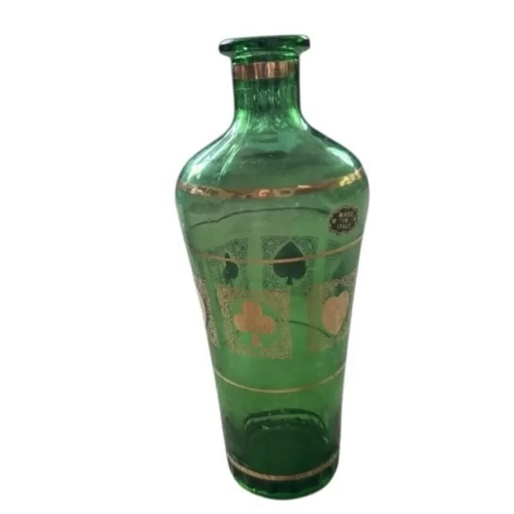 Vintage MCM Emerald Green Decanter With Gold Trim & Playing Card Suits Italy